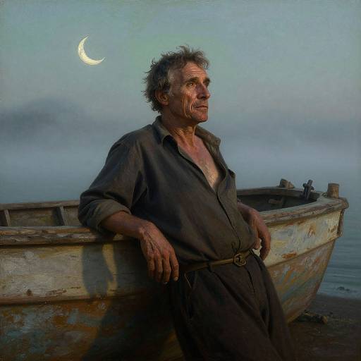 Photorealistic painting of an older, weathered man with messy gray hair, leaning against a worn boat, under a crescent moon sky.