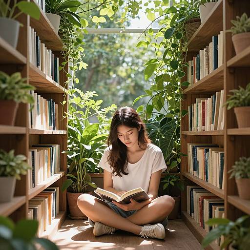 Photograph of a young Asian woman with long black hair, wearing a white t-shirt, sitting cross-legged in a sunlit bookshelf nook,