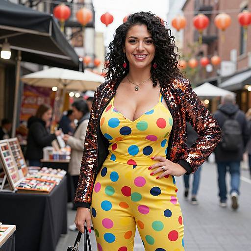 Photograph of a curvy woman with curly black hair, wearing a yellow polka dot jumpsuit and sequined red jacket, smiling confidently in a