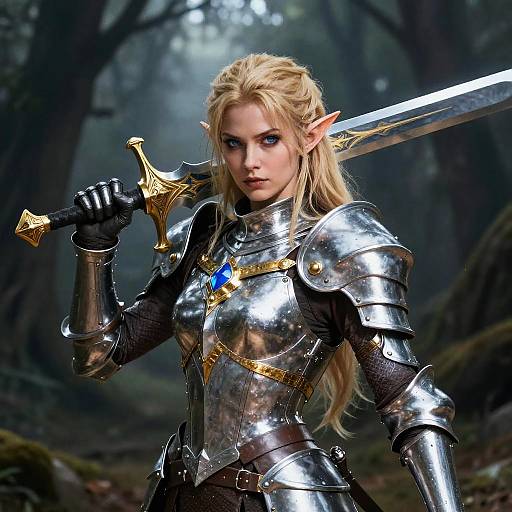 Digital artwork of a blonde elf woman with pointed ears, wearing shiny silver armor and holding a gold-hilted sword, standing in a dark, mist