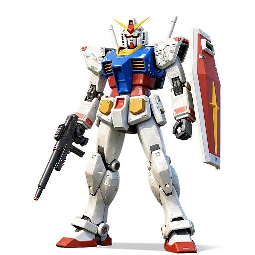 Digital illustration of a vibrant, white, blue, red, and yellow Gundam-style robot with a gun in its right hand and a red shield with a