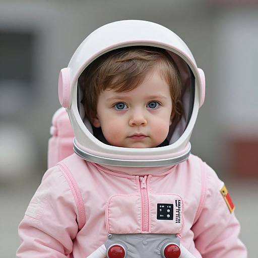 Photograph of a fair-skinned, blue-eyed toddler with brown hair wearing a white astronaut helmet and pink spacesuit, standing outdoors.