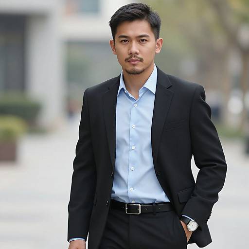 Photograph of a young Asian man with short black hair, mustache, wearing a black suit, light blue shirt, and black pants, standing confidently