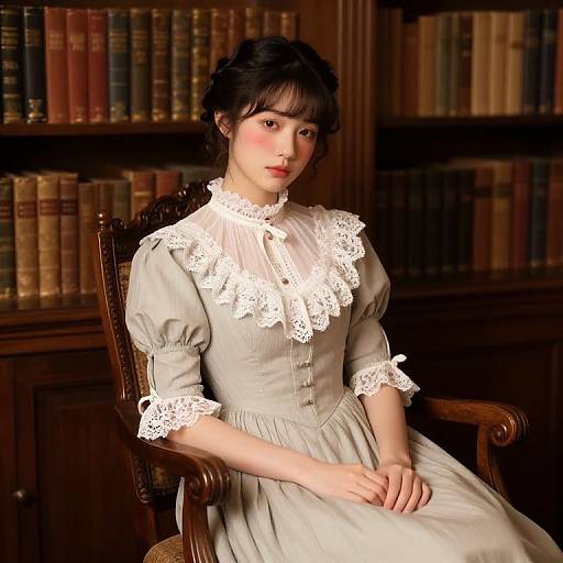 Photograph of an East Asian woman with fair skin, black hair in an updo, wearing a Victorian-style white lace dress, seated in a wooden