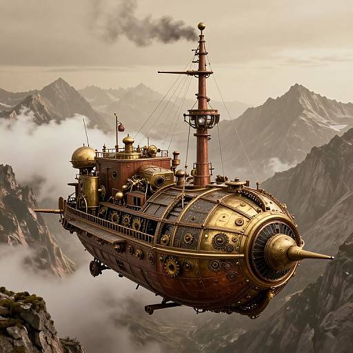 Steampunk airship with golden brass accents and a prominent smokestack flying above misty mountain peaks at sunrise. Photorealistic CGI.