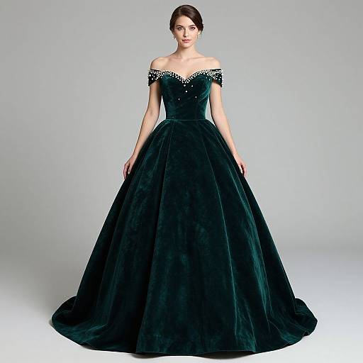 Photograph of a woman in an off-shoulder, dark green velvet ball gown with sparkling embellishments, standing against a plain gray background.