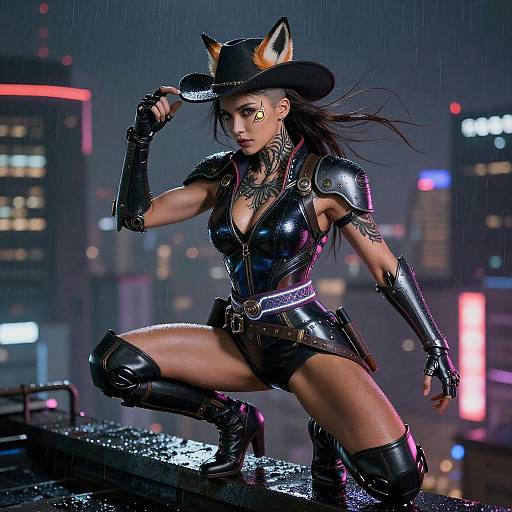Neon Rooftop Fox-Eared Martial Vigilante