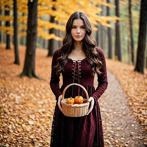 Woman in Maroon Dress Holding Basket with Pumpkins in Autumn Forest
