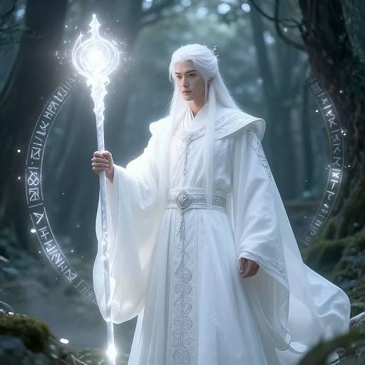 Photograph of a white-haired wizard in a glowing white robe, holding a radiant staff in a mystical forest. Enchanted runes circle behind.