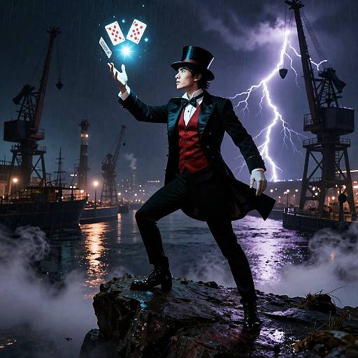 Street Magician with Glowing Cards at Industrial Harbor