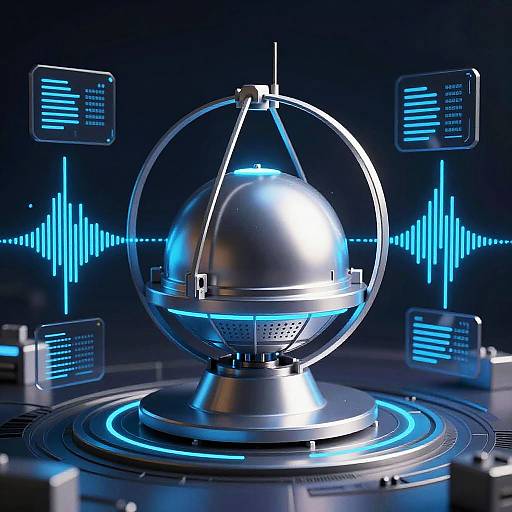 Digital CGI of a futuristic, glowing blue metallic globe on a circular platform, surrounded by neon blue data screens and waveforms.