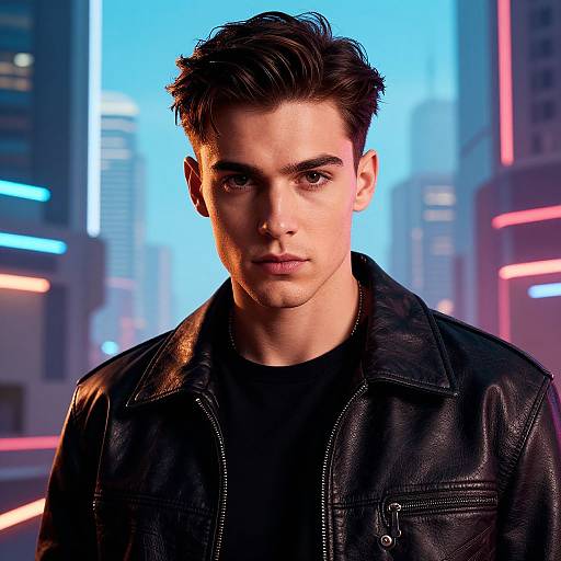Photorealistic digital portrait of a young man with dark hair, intense gaze, wearing a black leather jacket, in a neon-lit cityscape background