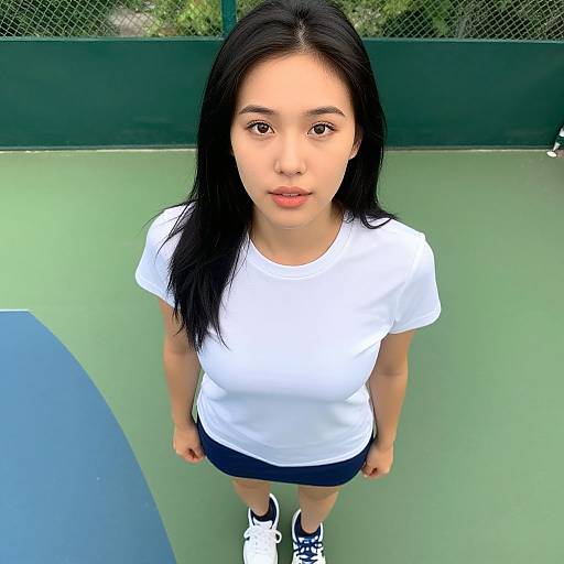 Photograph of an Asian woman with straight black hair, wearing a white T-shirt, black shorts, and white sneakers, standing on a green tennis court