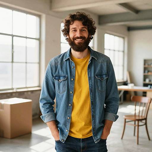 Photograph of a smiling bearded man with curly brown hair, wearing a blue denim shirt over a yellow t-shirt, standing in a sunlit,
