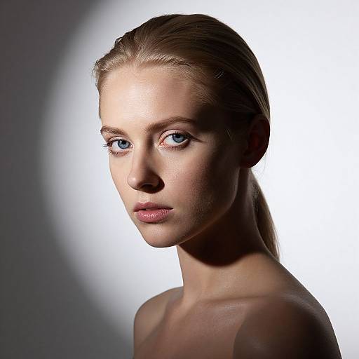 Photograph of a young woman with fair skin, blue eyes, and sleek blonde hair, illuminated from the side with a bright white background.