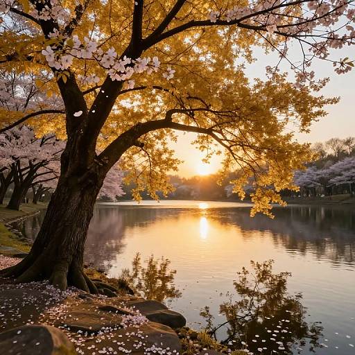 Photograph of a serene sunset over a calm lake, reflecting golden autumn leaves and pink cherry blossoms from a curved tree on the shore.