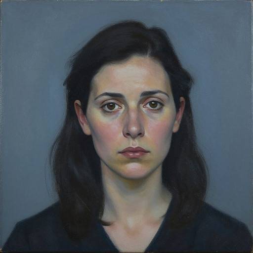 Realistic oil painting of a solemn-faced woman with pale skin, dark brown hair, and brown eyes, wearing a black top, against a blue-gray