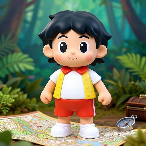 Cartoon boy with black hair, wearing white shirt, red shorts, yellow vest, standing on a map in a lush forest. Compass on the ground