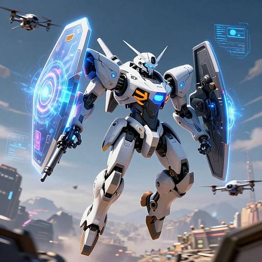 CGI image of a white, futuristic, humanoid mecha robot with glowing blue energy shields and weapons, flying over a bustling, futuristic cityscape with