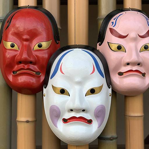 Traditional Japanese Noh Masks with Bamboo Background