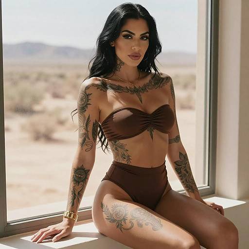 Tattooed Woman on Windowsill in Sunlight