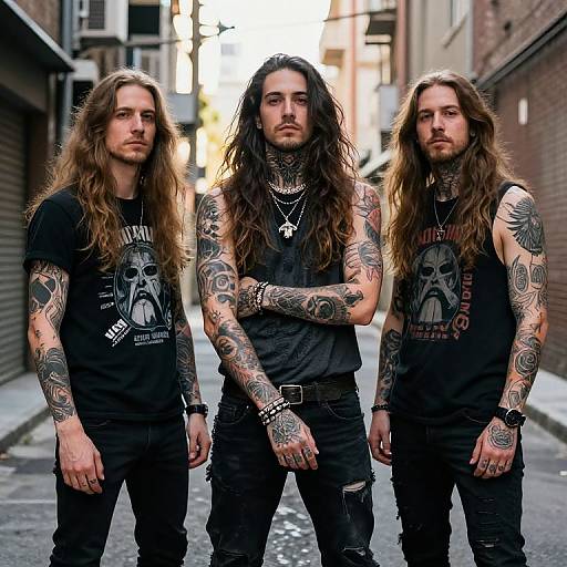 Photograph of three tattooed, long-haired men with beards, wearing black 