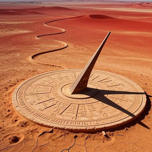 Photograph of a large, circular stone compass with a metal arrow pointing north, set in a vast, red, cracked desert landscape.