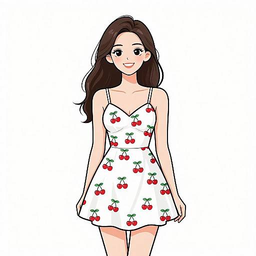 Digital anime-style drawing of a smiling young woman with long brown hair, wearing a white cherry-patterned sundress, standing against a plain white background.