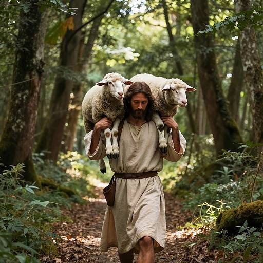 Jesus Carrying Sheep Through Forest
