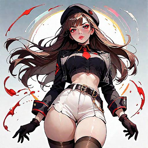 Digital anime-style drawing of a fierce, red-eyed woman with long brown hair, wearing a black crop top, white shorts, gloves, and hat,