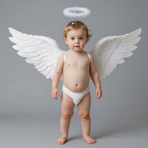 Photograph of a baby with light skin, blonde hair, wearing a white diaper, angel wings, and a halo, standing on a gray background.
