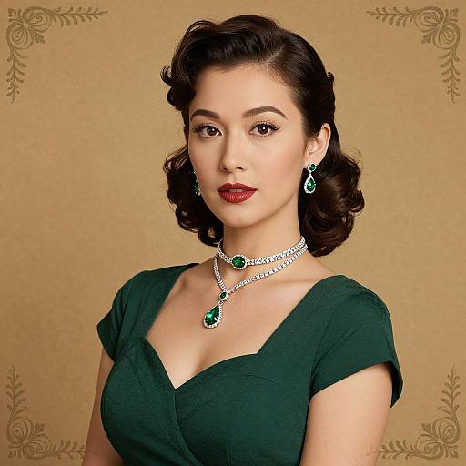 Vintage-style photograph of an elegant Asian woman with short, curly black hair, wearing a dark green dress, green earrings, and matching necklace with green gem