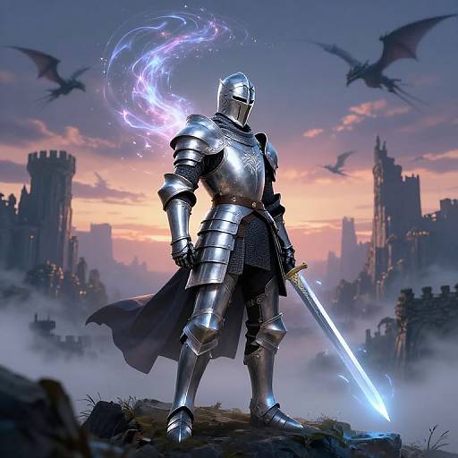 Digital art of a glowing-armored knight with a magical aura, standing on a misty battlefield, holding a sword, surrounded by flying bats and castle