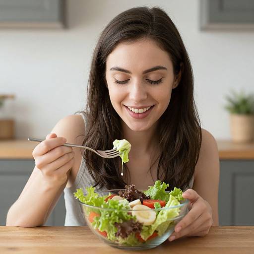 Photograph of a smiling young woman with long dark hair, eating a fresh salad in a modern kitchen with gray cabinets.