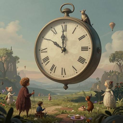 Fantasy illustration: A giant clock floats above a whimsical meadow, featuring a curly-haired girl, a cat on the clock, fairy-like creatures