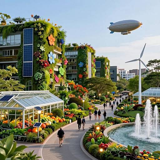 Photograph of a vibrant, modern city park with colorful flower-covered buildings, a hovering airship, solar-roofed greenhouse, winding pathway, people