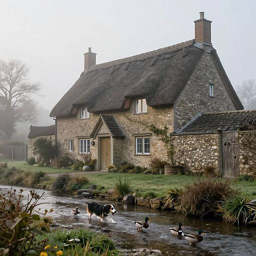Photograph of a rustic, stone cottage with a thatched roof, surrounded by a misty meadow, with ducks swimming in a nearby stream.