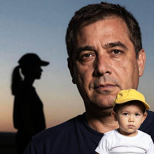 Serious Man with Child Under Sunset Sky