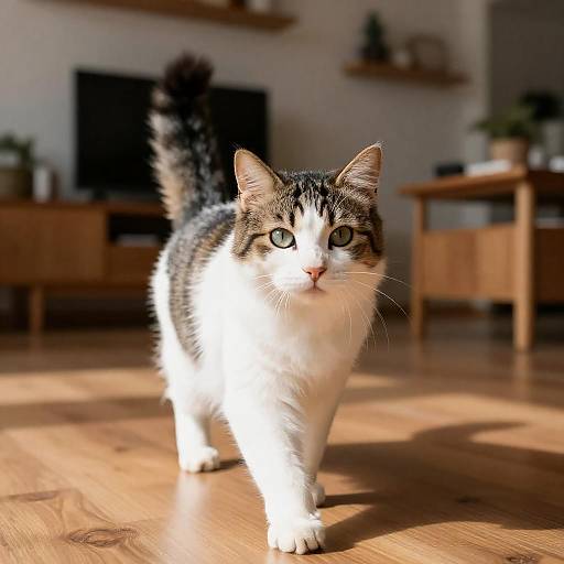 Sunlit Tabby Cat Walking Toward Camera