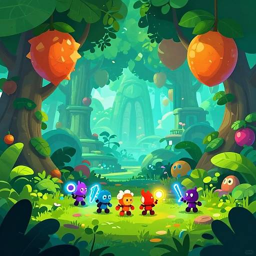 Vibrant digital illustration of a colorful forest clearing with six small, glowing, cartoon-like creatures in front of giant hanging fruits and ancient ruins in the