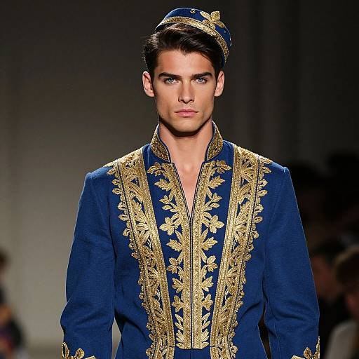 Male Model in Blue and Gold Embroidered Outfit