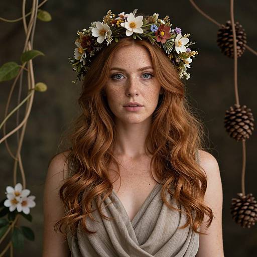 Ginger Woman with Floral Crown in Nature