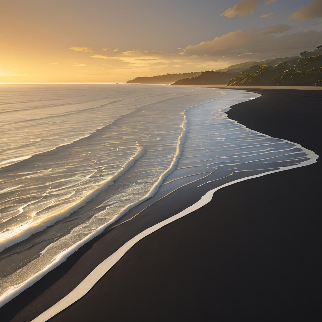 Tranquil Black Sand Beach with Warm Light