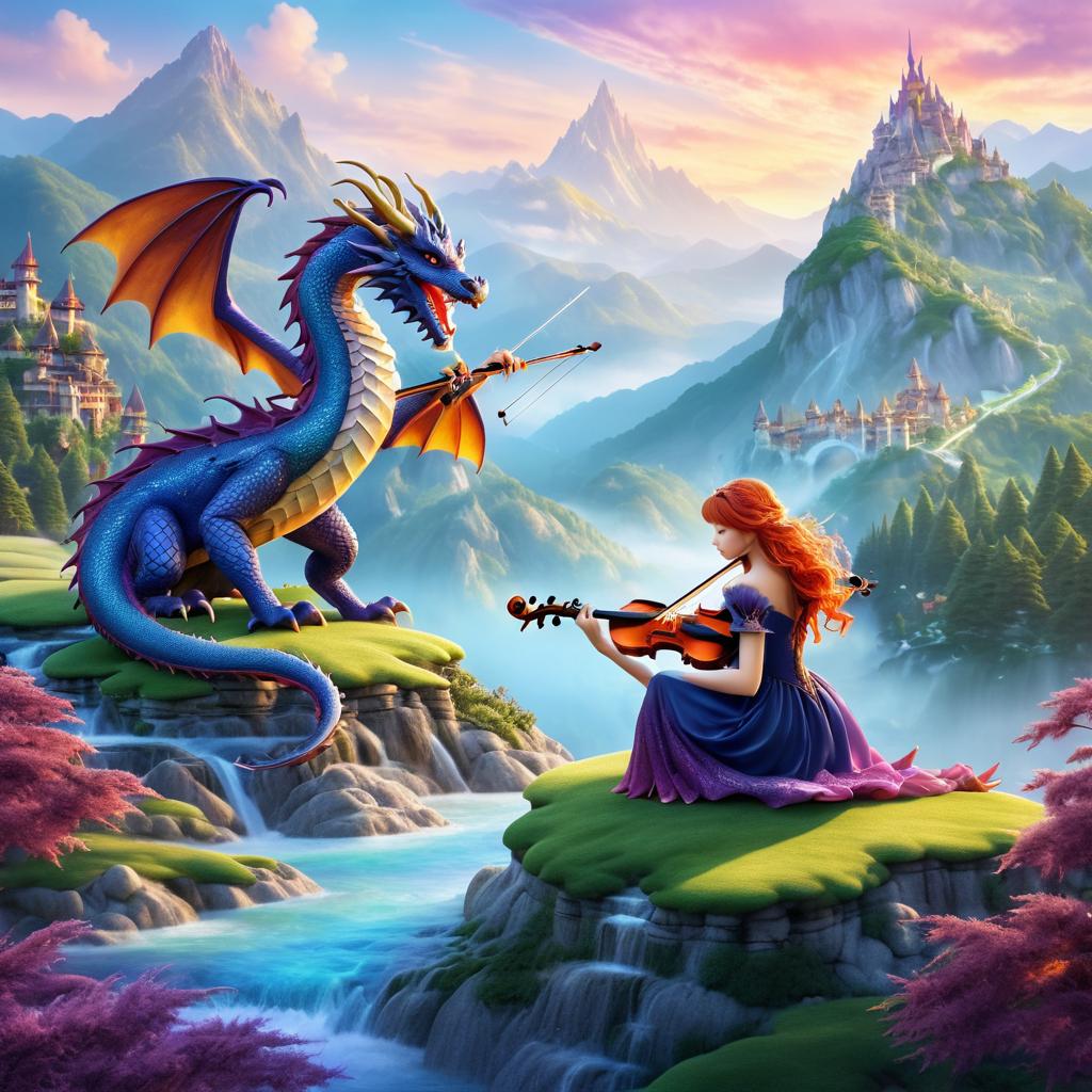 Romantic Dragon Playing Violin in Fantasy