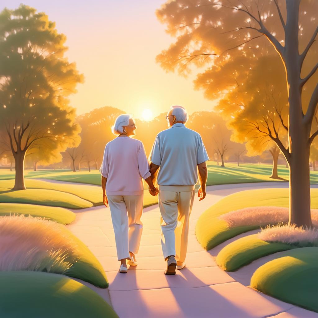 Serene Sunset Stroll of Elderly Couple