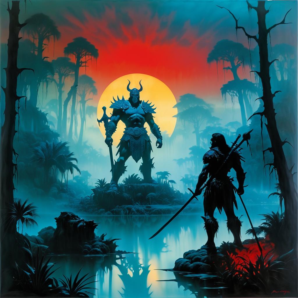 Ancient Warrior in Foggy Jungle Scene