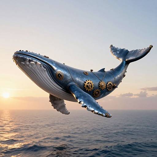 Digital illustration of a metallic, gear-adorned whale flying above a sunset ocean, blending steampunk and marine life elements.