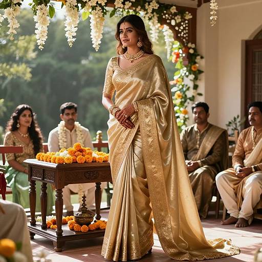 Photograph of a beautiful Indian bride in a gold traditional saree, adorned with jewelry, standing in a sunlit, flower-decorated outdoor setting