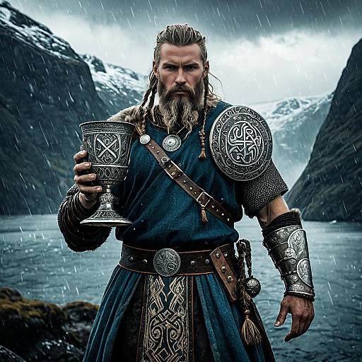 Viking Warrior Holding Ornate Rune Goblet