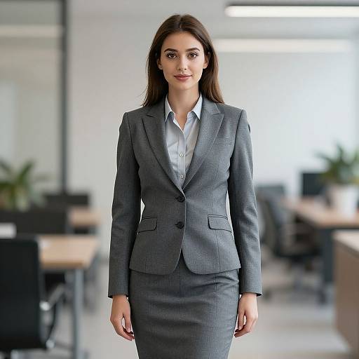Photograph of a confident, light-skinned woman with long brown hair, wearing a gray tailored suit and white shirt, standing in a modern, brightly